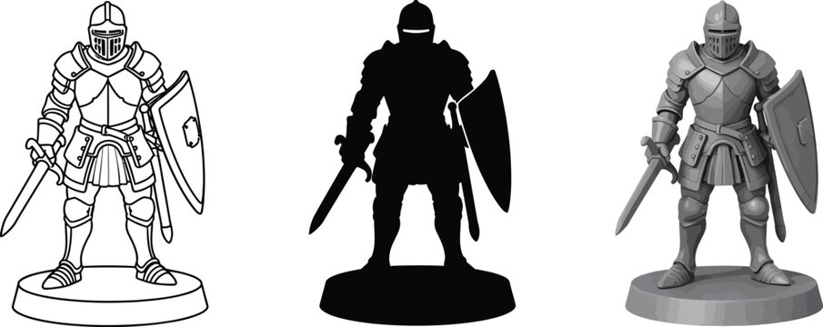 Collection of armored knight illustrations presented in line art silhouette and grayscale styles perfect for fantasy gaming and historical projects