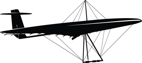 Black silhouette of a biplane with wires and landing gear on white background airplane © MDGOLAM