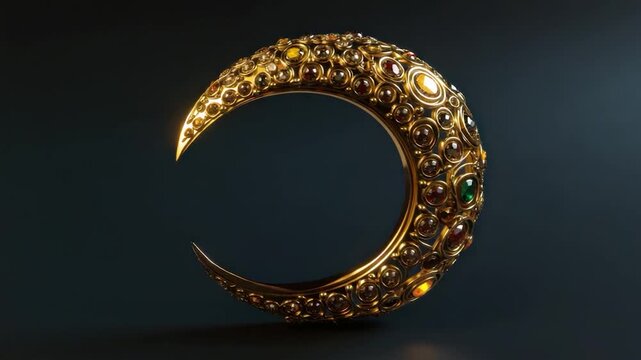 A golden crescent moon adorned with colorful jewels on a dark background
