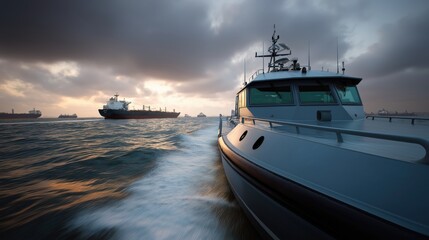 Naklejka premium Boat navigating through water with cargo ships in the background 
