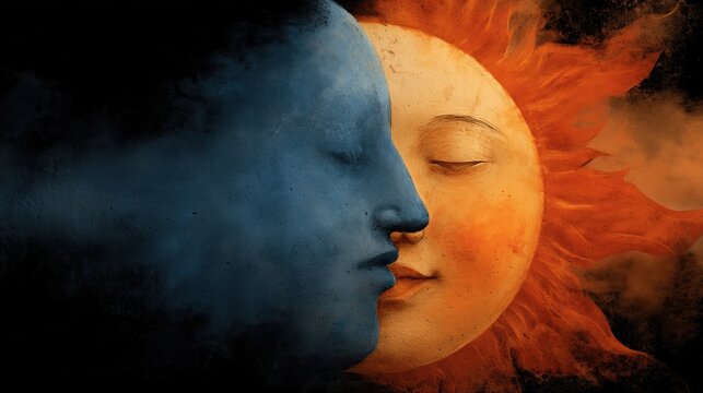 Surreal illustration of merging sun and moon faces. Conceptual artwork of blue and orange profiles representing the duality of day and night. Celestial astrology background