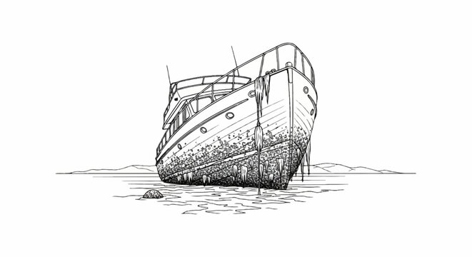 A detailed line drawing of an old, beached boat with barnacles and icicles