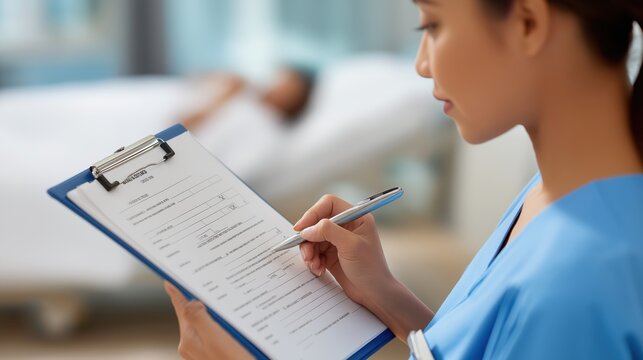 Nurse taking notes on clipboard while standing near patient bed  