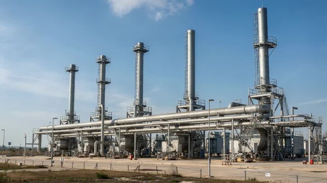 Idle vent stack system at an organic chemical facility showing inactive flare stacks and interconnected metal ducts during daylight.