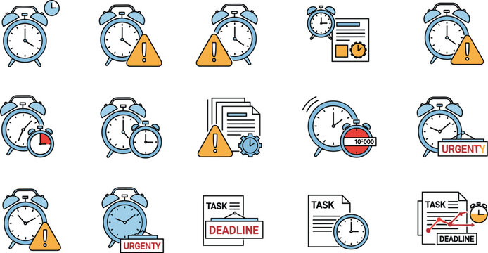 Time management icon set featuring alarm clocks with urgency signs, deadline task lists, warning alerts, and productivity symbols in a clean line-art style.