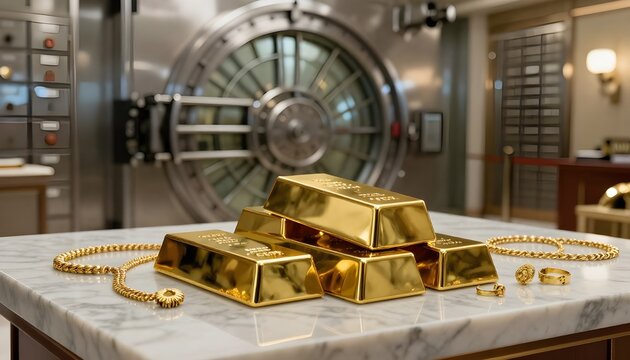 Gold Bars and Jewelry Stacked on Marble Countertop in Front of Vintage Bank Vault Door, Symbolizing Wealth and Security