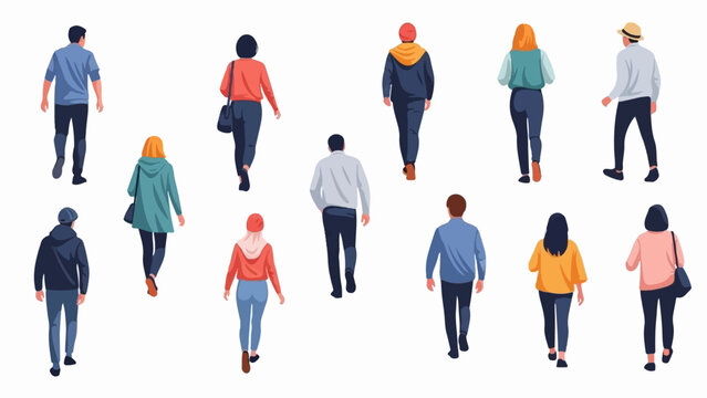 A diverse group of people walking away from the camera in casual attire