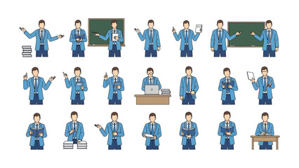 Fototapeta premium Illustrations of educator in classroom activity: A set of illustrations presenting a teacher in different teaching gestures such as presentation, writing, demonstration.