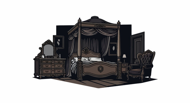 Ornate bedroom with canopy bed, dresser, armchair, and door