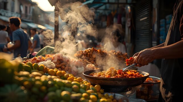 Street Vendor Serving Traditional Food at Outdoor Market in Natural Sunlight
