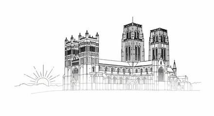 Obraz premium Ornate cathedral towers rise against a rising sun and rolling hills