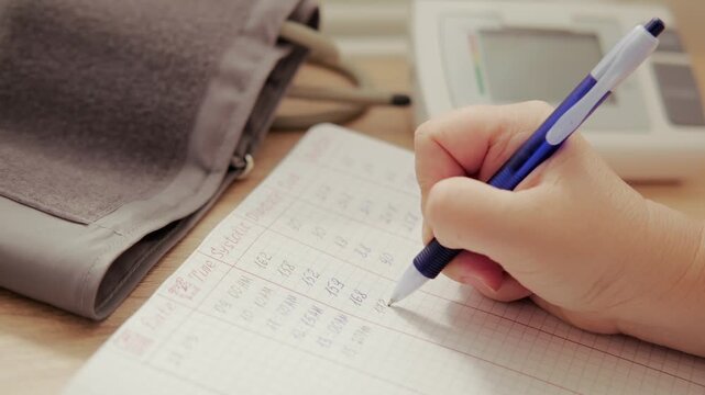 health daily tracking, hand writing blood pressure readings from monitor on sheet of paper, documenting blood pressure results, self-monitoring measurement, cardiovascular health
