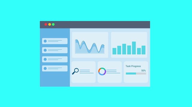 Animated flat dashboard interface showing charts, graphs, and data panels with search icon in a browser window. Concept of data analytics, business reporting, monitoring, and digital technology interf