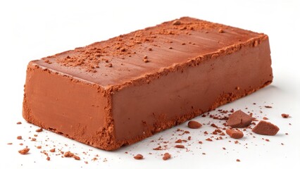 A close-up shot of a single brown brick, showcasing its texture and shape, with scattered granules around it