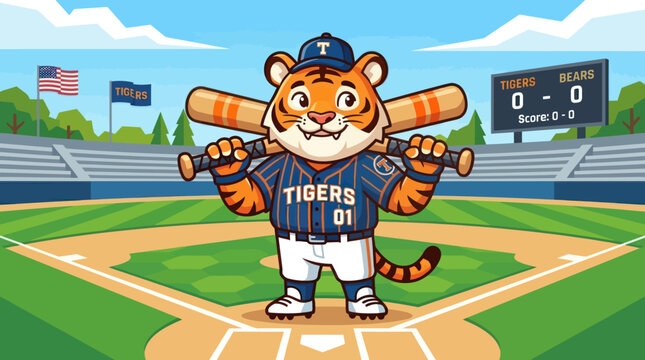 Cartoon Tiger Baseball Player Mascot Holding Bat.