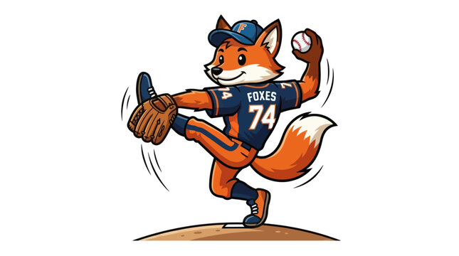 Cartoon fox baseball pitcher in uniform ready to throw a ball.