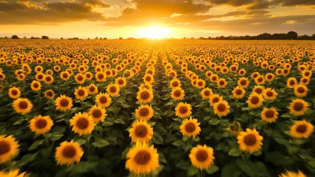 Golden Sunset Over a Vast Field of Sunflowers in Full Bloom, Capturing Natures Beauty and Tranquility.
