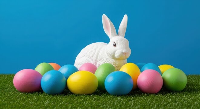 A white rabbit sitting on grass surrounded by colorful easter eggs