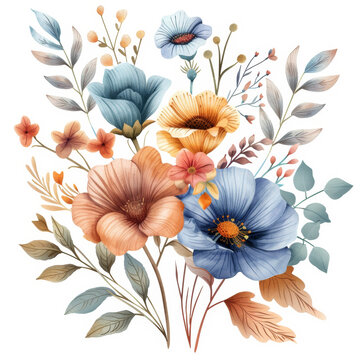 This image shows a grid-style interface displaying a collection of floral illustration designs in a consistent, artistic watercolor style. Each square thumbnail features delicate arrangements of flowe
