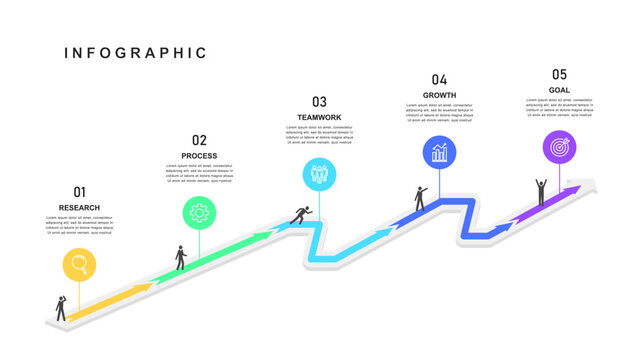Business road map timeline infographic arrow concept. with icons and 5  steps, workflow layout, diagram, report, web design. Creative, vector, illustration.