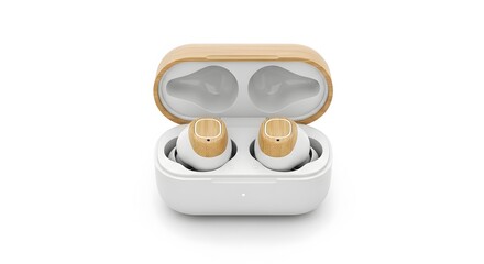 Wireless earbuds in charging case with natural bamboo wooden finish