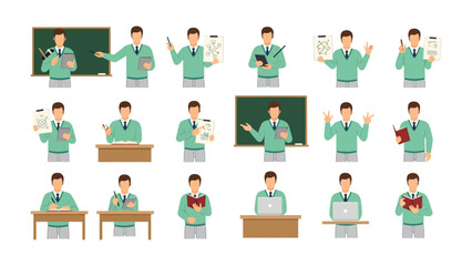Fototapeta premium Educational Series: A teacher, embodying knowledge and guidance, presents a range of teaching aids and gestures within a classroom setting, perfect for educational and illustrative purposes.