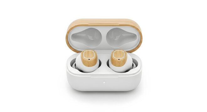 Wireless earbuds in charging case with natural bamboo wooden finish