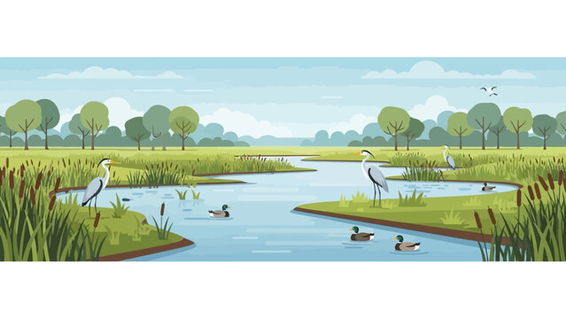 Heron Birds Standing in Wetland Area.