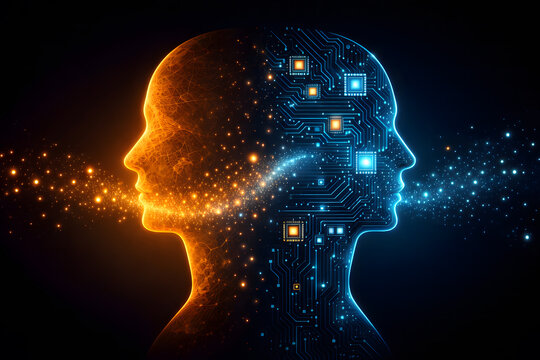 A digital art piece depicting two human silhouettes connected by a flow of light, contrasting warm orange particles with a cool blue circuit board pattern