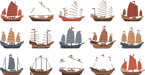Traditional Chinese Junk Sailboat Vector Set with Asian Wooden Sailing Ships, Maritime Transport Boats, and Vintage Nautical Illustration Collection © MstMukta
