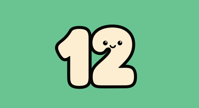 Cute Cartoon Number '12' on Green Background