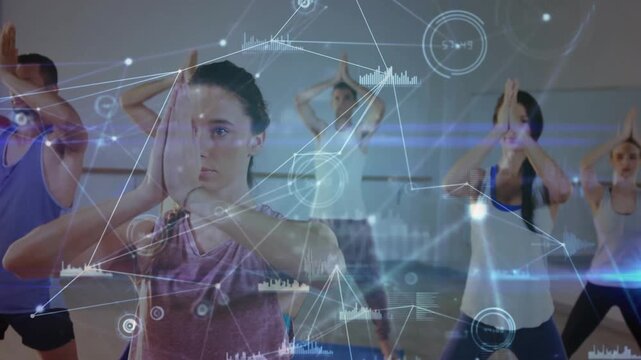 Vertical video: Center woman cueing yoga lowering hands for sync, HUD nodes overlaying