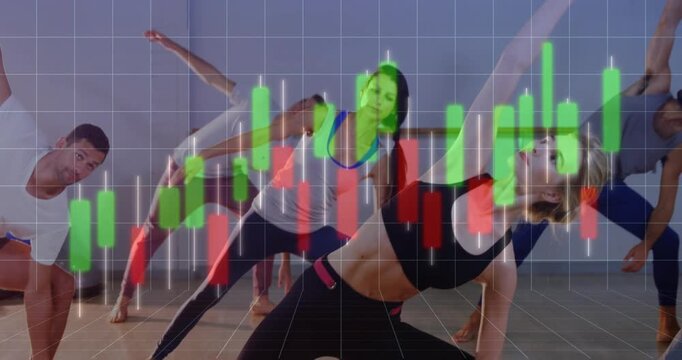 Starting side lunge, lead woman guiding class, holding stretch for fitness, chart overlaying scene