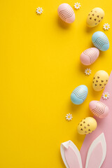 Naklejka premium Happy Easter vertical scene featuring pastel decorated eggs, bunny ears and small daisies on a bright yellow background evoking spring celebration and festive craft mood