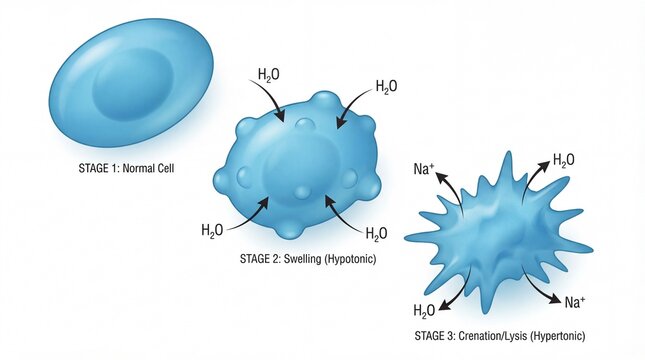 Cellular Osmosis Stages: Normal Swelling Hypotonic and Crenation.