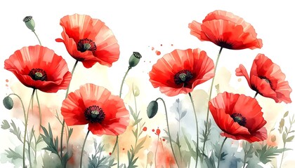 Fototapeta premium Watercolor Poppies - A Vibrant Floral Display in Red and Green.