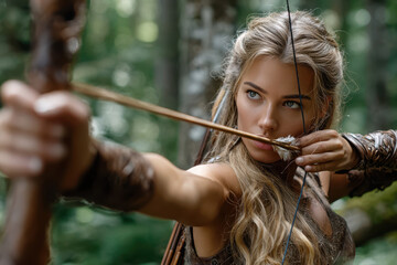 Woman in forest practicing archery with bow and arrow during daytime