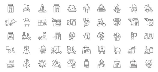 Fototapeta premium Takeaway and food delivery icons set. editable line icons, outline, fast service graphics