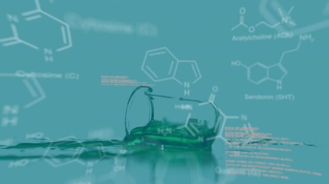 Colliding green glass beaker rolling and splashing on reflective tabletop, with chemical diagrams