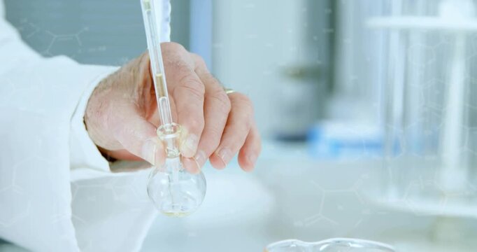 Vertical video: Seeing meniscus white-coat hand raising pipette-flask at bench to transfer, beaker