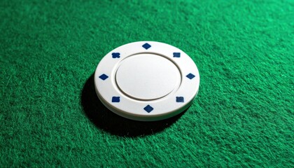 A singular white poker chip with blue diamond accents rests on a green felt casino table, symbolizing chance and strategy
