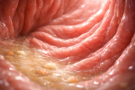 Photorealistic medical-grade 3D anatomical cutaway of the human stomach during digestion: partially digested food forming a smooth chyme layer, gentle peristaltic folds