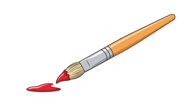 Classic illustration of a wooden paintbrush with bristles dipped in vibrant red paint and a small puddle of paint nearby.