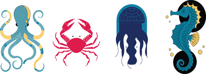 Colorful marine animals set illustration, octopus crab jellyfish seahorse cartoon sea creatures collection isolated on white background © jamiul