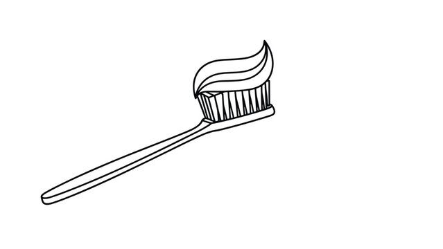 Simple black and white line drawing of a toothbrush with a large swirl of toothpaste on the bristles for hygiene concepts.