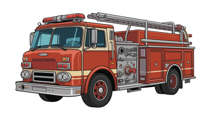Fire truck vector illustration with ladder on top and red color