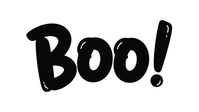 Bold black lettering of the word boo with an exclamation mark in a playful bubble font on a clean white background for halloween.