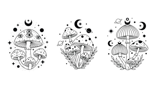 Triple set of mystical mushroom compositions featuring eyes, spots, celestial bodies like planets and moons, and leafy botanical accents.
