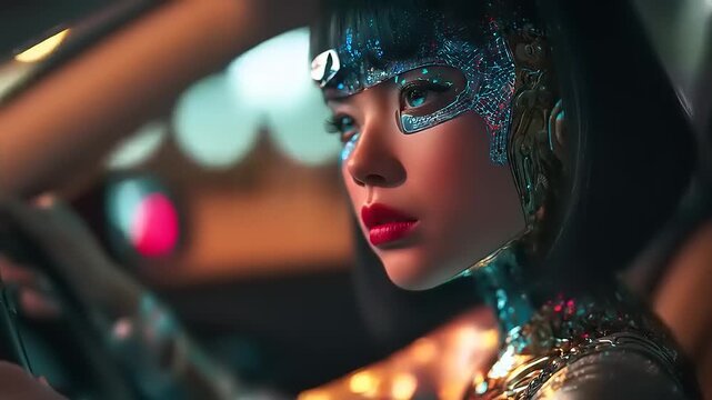 Futuristic cyborg girl navigates cityscapes with mesmerizing augmented reality interface and advanced automative controls