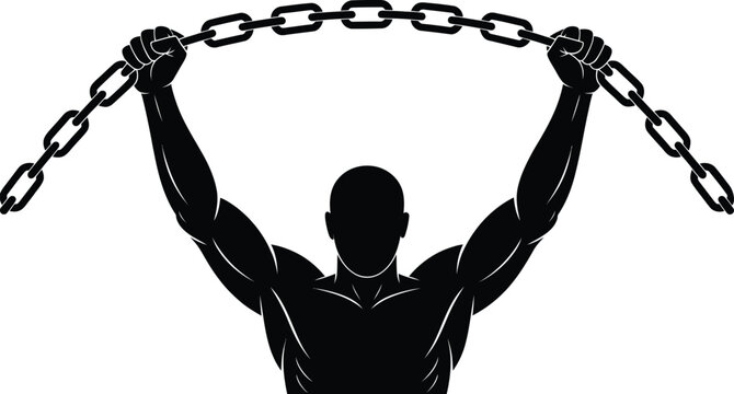 Muscular male silhouette holding metal chain above his head strong man raising arms up